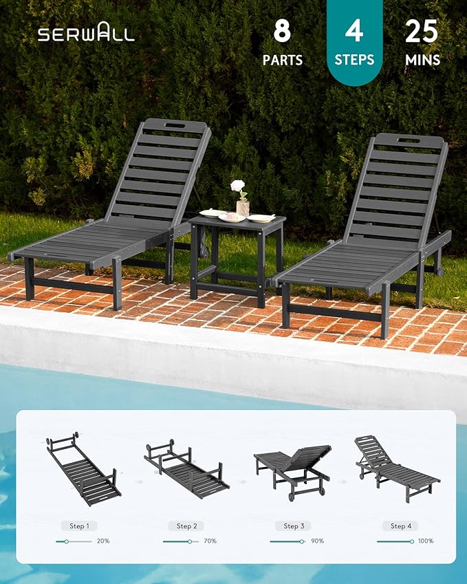 SERWALL Outdoor Chaise Lounge Set of 6, HDPE Pool Lounge Chair with 5-Position Adjustable Backrest, Patio Lounger with Rolling Wheels & Cup Holder for Pool, Grey SERWALL