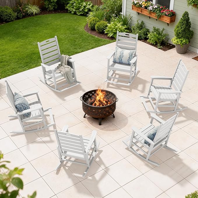 SERWALL HDPE Outdoor Rocking Chair, Oversized Rocking Chair with Footboard, High Back Porch Rocker Chair with 350lbs Support, White SERWALL