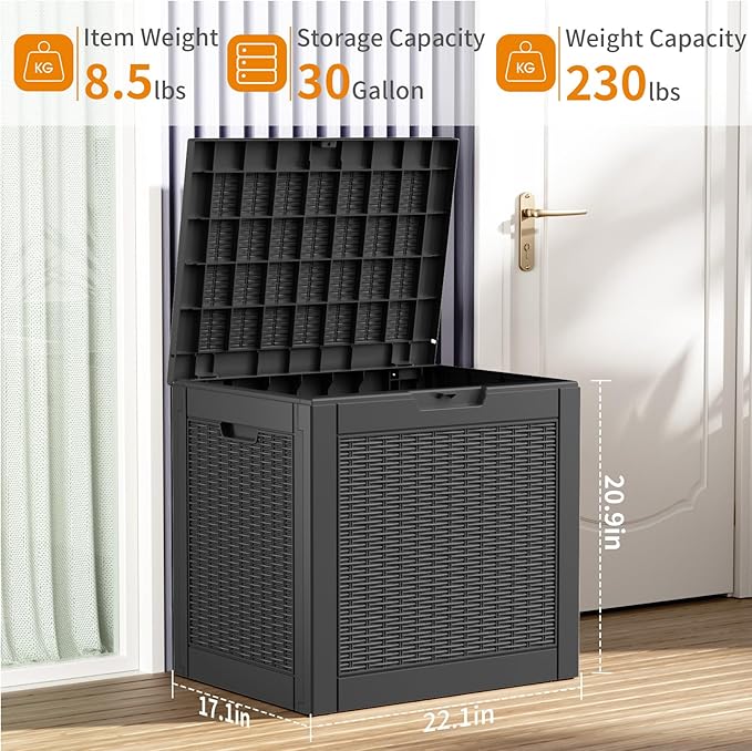 30 Gallon Resin Deck Box, Lockable Patio Outdoor Storage Box for Furniture, Garden Tools and Tools Storage, Waterproof Outside Storage Boxes - Black OutdoorLivingPerfected