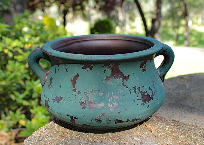 Egyptian Era Designed Earthen Ware Terra-Cotta Vessel/Planter with Looped Handles (Green) Goodman+and+Wife