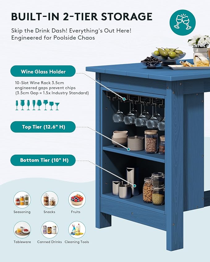 SERWALL Outdoor Bar Table, All Weather HDPE 36" Counter Height Dining Table with Storage and Wine Rack for Patio, Garden, Backyard, Balcony, Poolside, Blue SERWALL