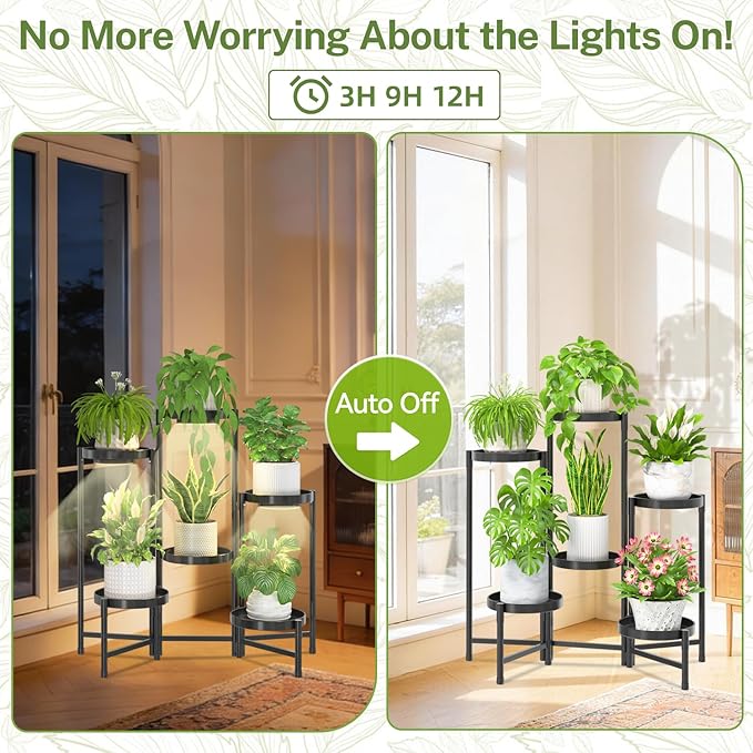 iDavosic.ly Plant Stand Indoor with Grow Light, 6 Tier Corner Metal Flower Display Holder Shelf, Easy Assembly Folding Tall Orchid Rack for Patio Balcony Porch Garden Living Room House, Black iDavosicly