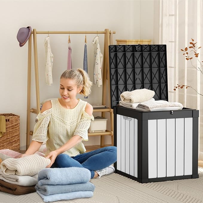 40 Gallon Resin Deck Box, Lockable Patio Outdoor Storage Box for Furniture, Garden Tools and Tools Storage, Waterproof Outside Storage Boxes - Black&White OutdoorLivingPerfected