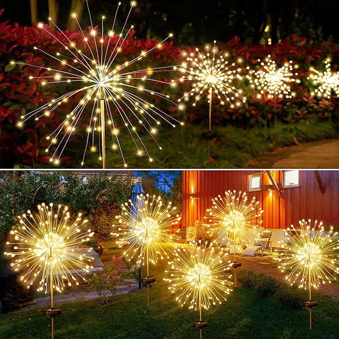 JJGoo Outdoor Solar Lights Firework, 2 Pack 120 LEDs Waterproof Solar Lights for Outside Garden Yard Pathway Fence - Warm White JJGoo