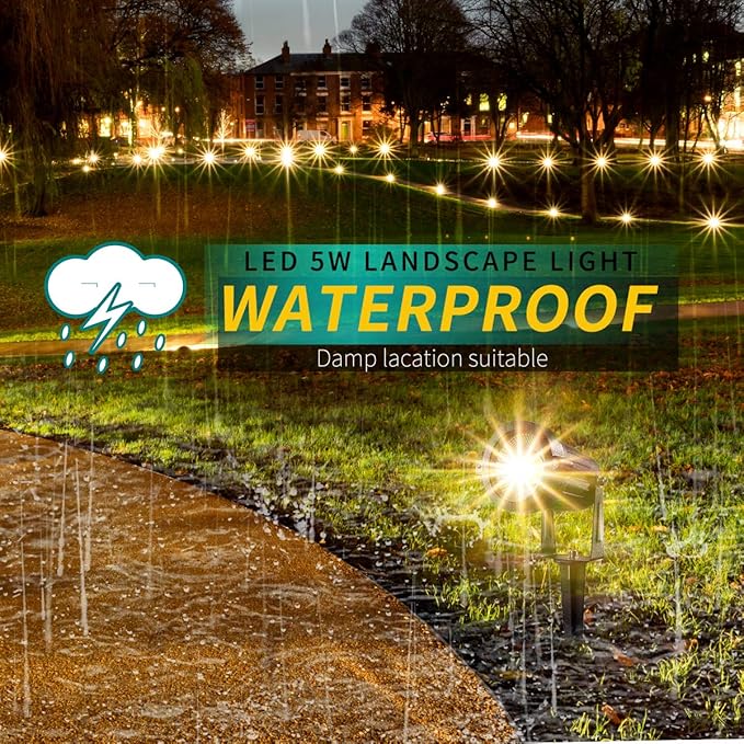 LED Landscape Lights,5W 120V AC Outdoor Pathway Garden Yard Spotlight,IP65 Waterproof Garden Flood Light,Outdoor Spotlight with Stake,UL Cord 5-ft with Plug (Pack of 4, Warm White) LEACOCO