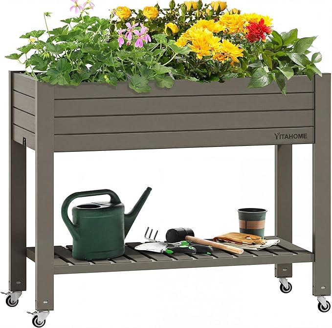 YITAHOME 3.6x1.5x2.8 FT Elevated Garden Bed Kit with Legs and Wheels, Outdoor Large Resin Planter Box Stand with Drain Plug and Storage Shelf for Plants Vegetables Fruits, Light Brown YITAHOME