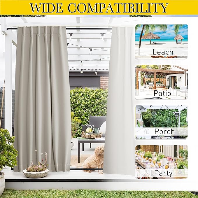 NICETOWN 2 Panels Natural Gazebo Curtains Outdoor Waterproof & Windproof, Top & Bottom Rod Pocket & Back Tab Windproof Privacy Outdoor Curtains Blackout Blinds with Fixed Rope for Patio, W52 x L95 NICETOWN
