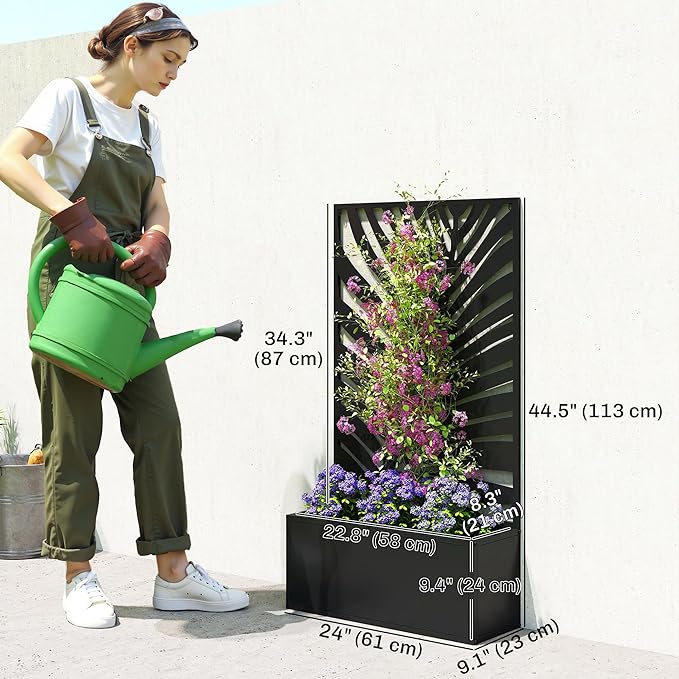 Outsunny Metal Raised Garden Bed with Trellis for Climbing Plants, Freestanding or Wall Mounted Flower Bed with Privacy Panel, Large Leaf Cut-Out Outdoor Planter Box for Garden, Patio, Balcony Outsunny