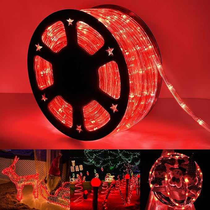 50ft LED Rope Lights Outdoor, 360 LED Connectable and Flexible Tube Lights with 8 Modes, Waterproof LED Rope Lighting for Garden, Patio, Pool, Bedroom, Party, Indoor Outdoor Christmas Decoration (Red) Jnaurb