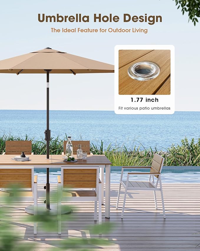 Outdoor Patio Dining Table, Aluminum & HDPS Outdoor Table with Umbrella Hole, All-Weather for Deck, Garden, Lawn, Backyard, Poolside (White & Teak) ComfCove