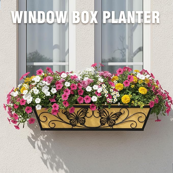4 Pack 24 Inch Window Boxes Planter Railing Planters Box with Adjustable Brackets for Porch Deck Balcony Hanging Butterfly Decorative Flower Baskets & Non-Woven Fabric Liner for Outdoor Plants - Black KarlliuHOMEGARDEN