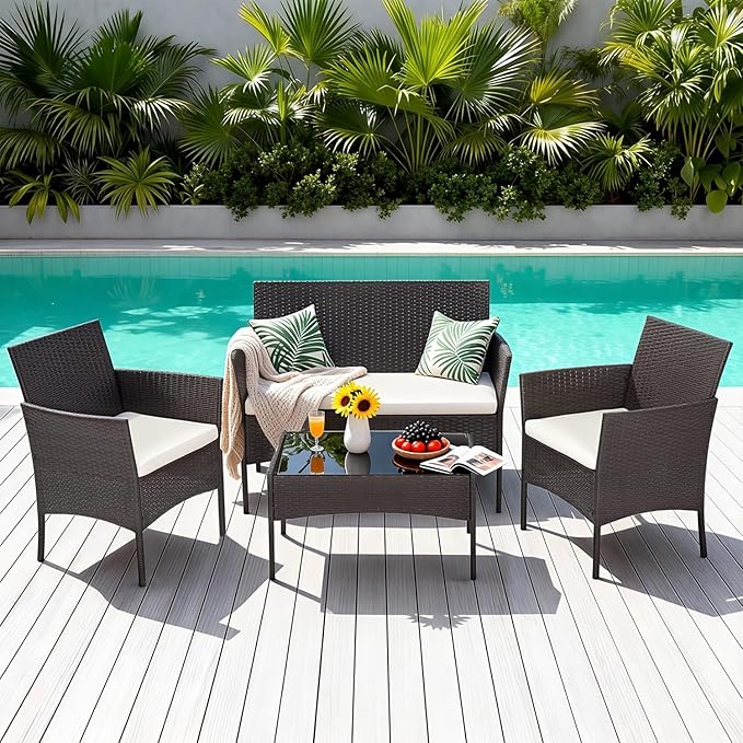 FDW | 4-Piece Patio Furniture Set | Brown | Outdoor Wicker Furniture with Coffee Table | Modern Rattan Chairs Conversation Set | Outdoor Seating | Weather-Resistant | for Porch, Garden, Lawn FDW