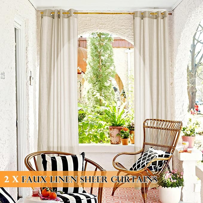 RYB HOME 2 Panels Outdoor Sheer Curtains for Patio Waterproof - Natural Linen Privacy Added Light Filtering Drapes with Tie Ropes for Gazabo Porch Pergoa Balcony, 52 X 84 Inches, Beige RYBHOME
