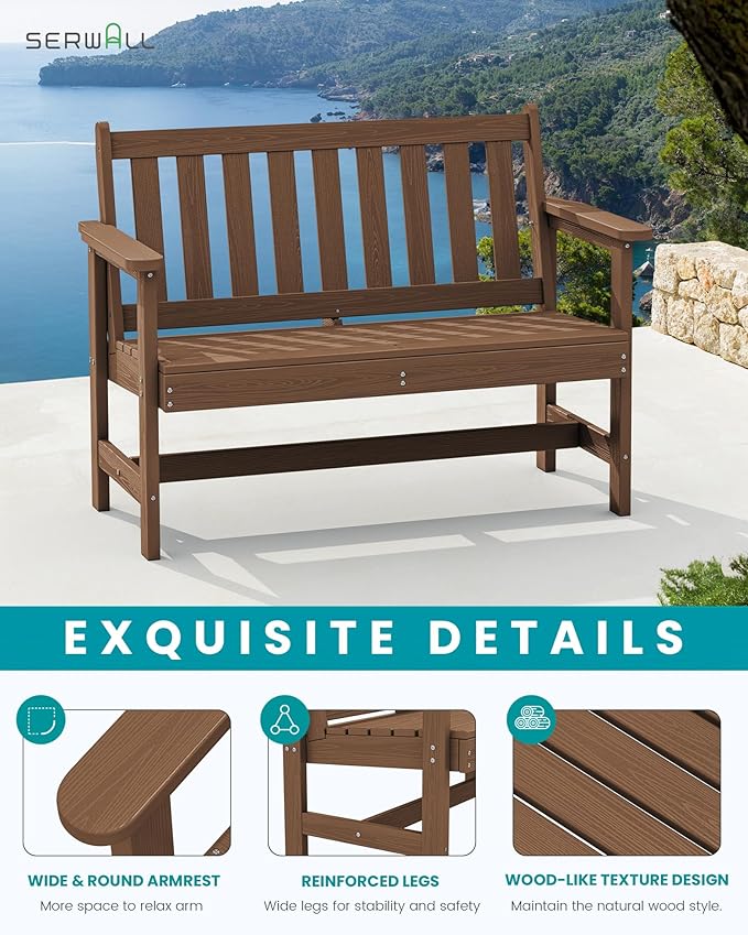 SERWALL Outdoor Bench, HDPE Outdoor Benches Weatherproof, 2-Person Garden Bench with 660 lbs Weight Capacity, Patio Benches for Outdoors, Garden, Porch, Backyard and Park, Brown SERWALL