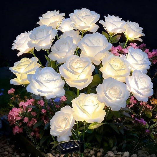 Solar Garden Rose Lights by FANCYPOP, 2 Pack Most Realistic 12 LED Flower Stake Lights, IP65 Waterproof 7 Color Changing Solar Decor for Walkway/Graveyard, Heartwarming Gifts for Grandma & Mom, White Rootora