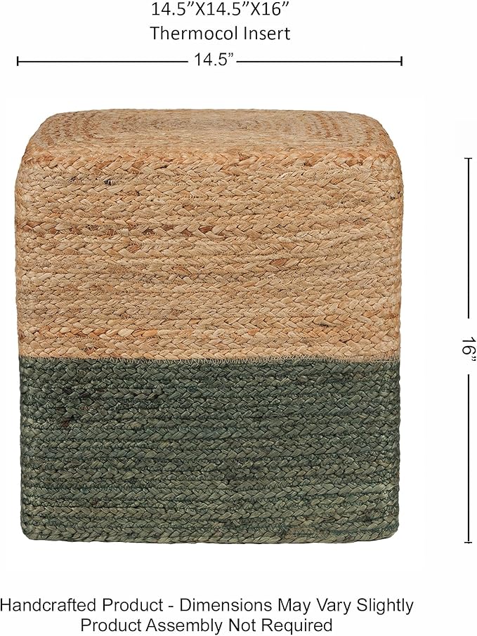 REDEARTH · Cube Pouf Foot Stool Ottoman - Jute Braided Pouffe Poof Accent Sitting Footrest for The Living Room, Bedroom, Nursery, Patio, Lounge & Other Rooms (14.5”X14.5”X16”; Natural Olive) REDEARTH