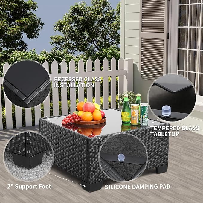 9 Pieces Outdoor Sectional All-Weather Wicker Patio Furniture Set Patio Sectional Glass Patio Table Non-Slip Cushions and Waterproof Covers, Khaki Rattaner