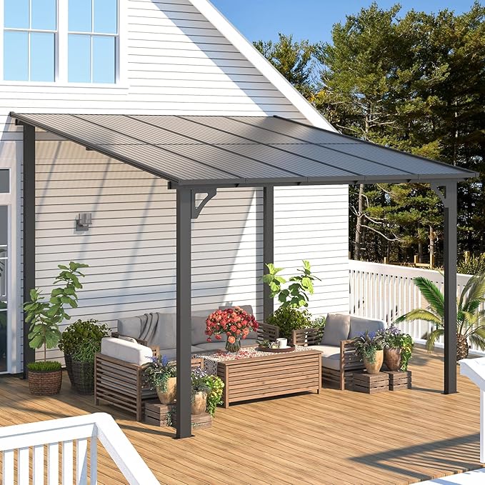 AECOJOY 10' x 24' Gazebo for Patio, Large Wall-Mounted Hard Top Lean-to Gazebo Pergola with Roof 24' x 10' on Clearance, Heavy Duty Patio Awnings for Decks, Backyard AECOJOY