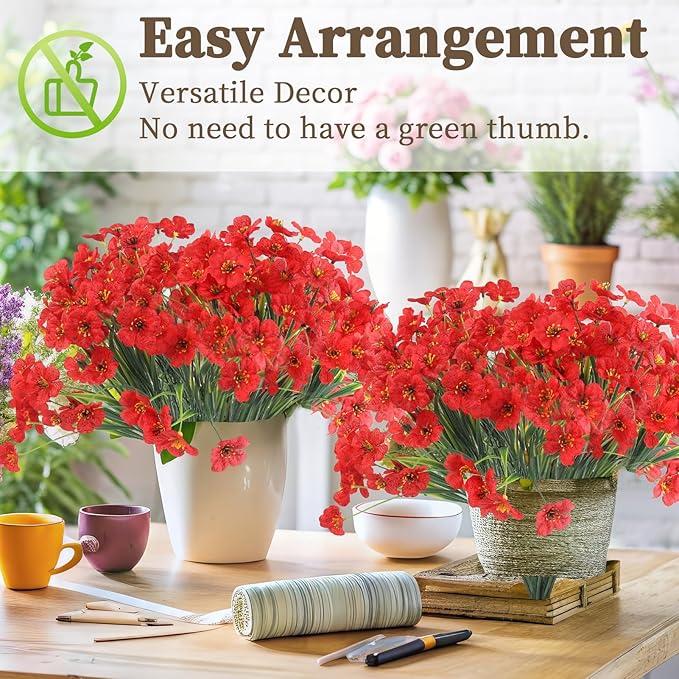 24 Red Bundles Artificial Flowers for Outdoors/Indoors Fake Flowers Plants for Indoor Outside Garden Porch Window Box Home Wedding Farmhouse ColoPlay