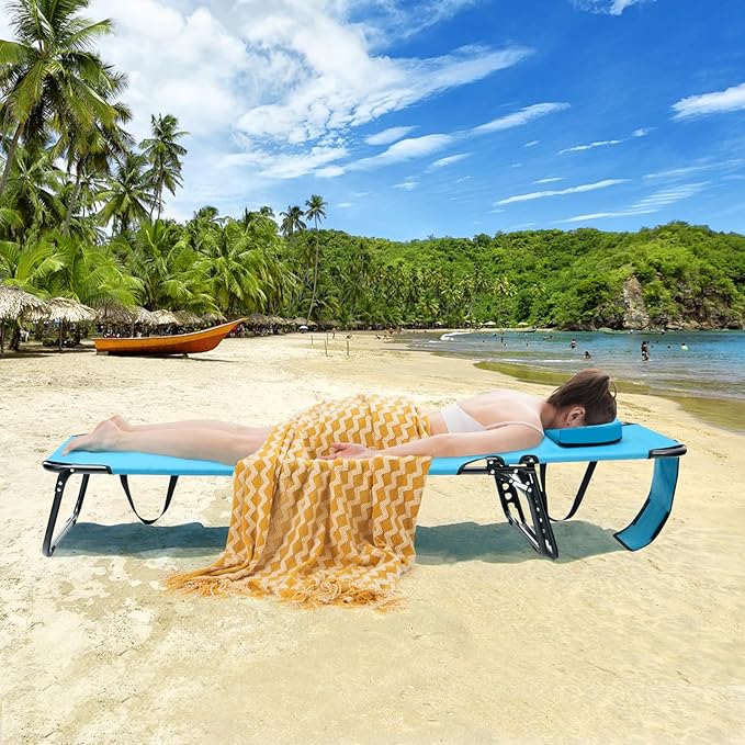 GYMAX Tanning Chair, 350lbs Beach Lounge Chair with Face Hole, Detachable Washable Pillow & Carry Strap, Adjustable Folding Chaise Lounge, Layout Chair for Outside, Patio, Poolside, Lawn (1, Arctic) GYMAX