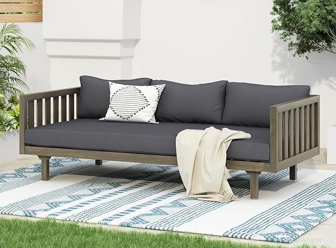 Merax Outdoor 3 Seater Daybed, Acacia Wood Day Bed Couch Sofa with Cushions for Patio Backyard, Garden, Dark Grey Merax