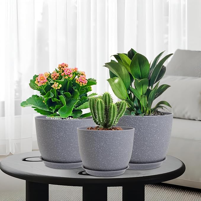 Flower Pots 9/8/7.5inch, Set of 3 Modern Decorative Plastic Planters with Drainage Holes and Saucers for Garden House Plants, Plant Pots for Indoor Outdoor Plants, Speckled Grey WSMKSZ