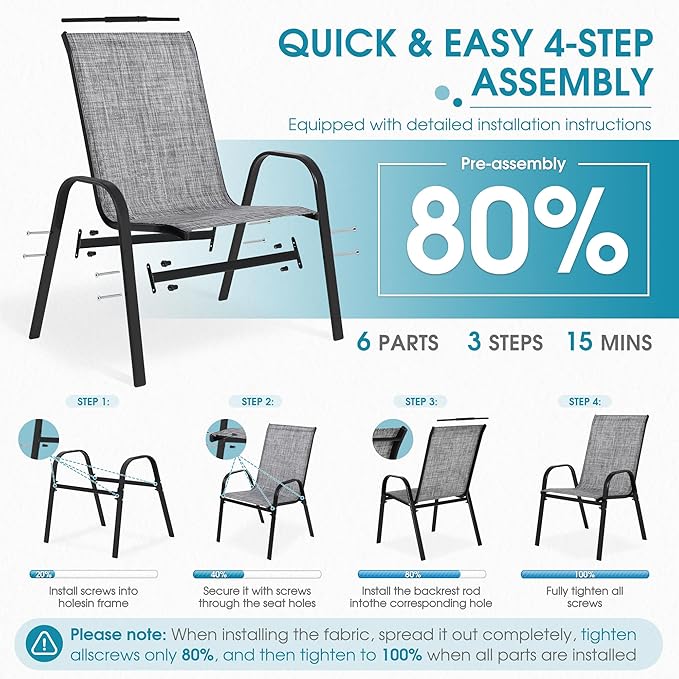 Outdoor Stackable Chairs Set of 8, Stacking Patio Chairs with Textilene Fabric, Outside Furniture for Garden Backyard Balconie Poolside Deck, Grey Villeston