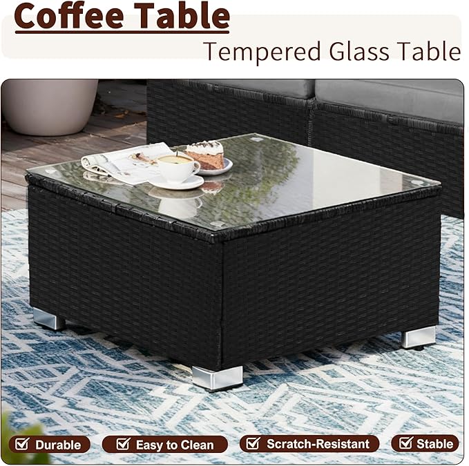 7 Pieces Patio Furniture Set - All-Weather Outdoor Wicker Sectional Conversation Sofa, Rattan Patio Seating Sofa Set with Cushion and Glass Table for Porch Poolside, Black/Grey ZJEYEJZ