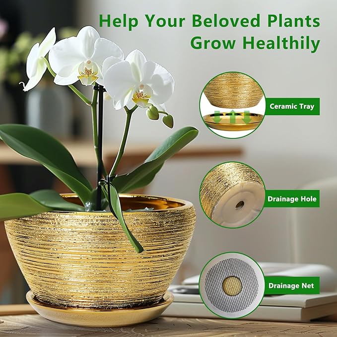Ceramic Planter 11 Inch - Indoor Plant Pot with Drainage Hole and Saucer Large Planter for Outdoor Plants Mid-Century Decorative Flower Pot for Home Decor Gold Ceramicfor
