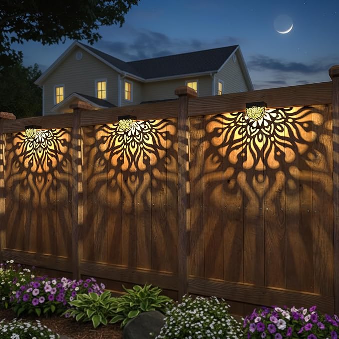6 Pack Solar Fence Lights Outdoor Wall Lights Plastic Solar Powered Deck Step Stair Lights Mandala Theme Waterproof Fence Solar Light for Garden Post Patio Yard Decor, Gardening Gifts for Women Mom EKQ