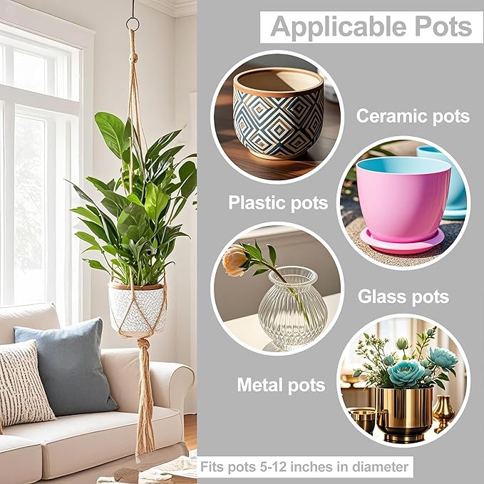 3 Pack Macrame Plant Hanger Indoor, 35 41 47 Inch Handmade Boho Hanging Planter Basket with Screw Hooks S-Hooks and Extension Rope for Indoor Plants Home Decor (POTS NOT Included) (Brown) Rootora