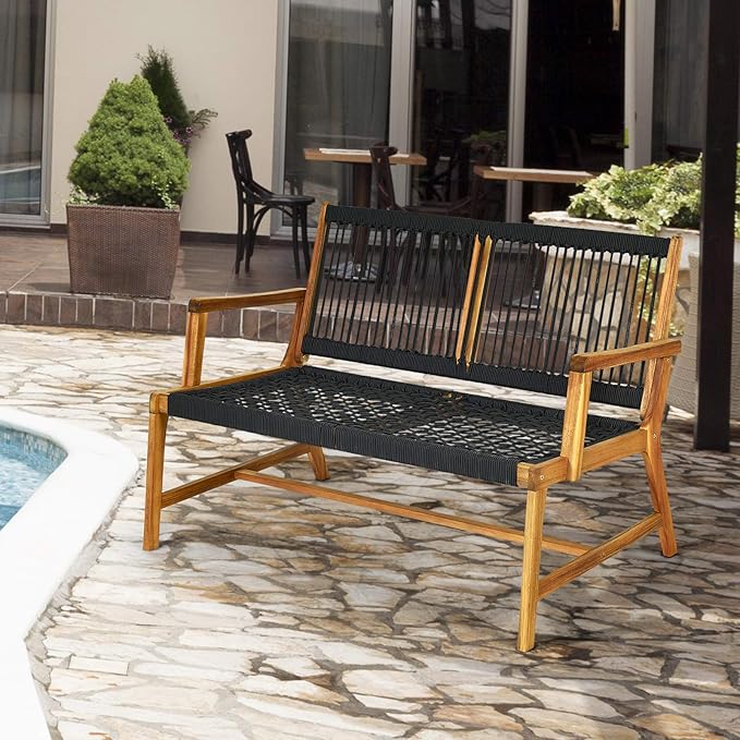 Tangkula 2-Person Patio Acacia Wood Bench Loveseat Chair, Outdoor Patio Bench Acacia Wood Bench in Teak Oil Finish, Patio Loveseat Rope Bench for Balcony Deck Poolside Porch (Black) TANGKULA