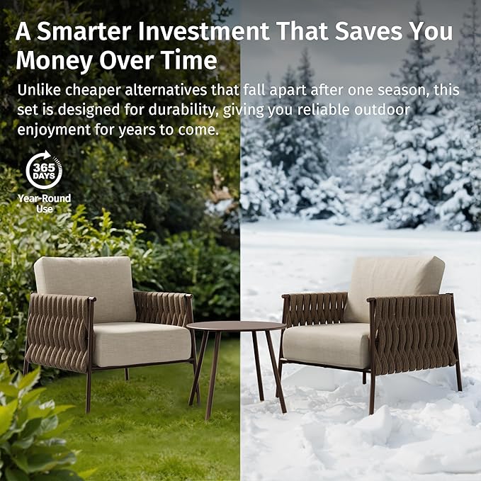 East Oak 3-Piece Patio Furniture Set | Armchairs & Coffee Table | Outdoor Furniture with Cushions | Deep Seating Modern Conversation Set | Garden, Porch, Balcony & Backyard | Chestnut & Apricot EASTOAK