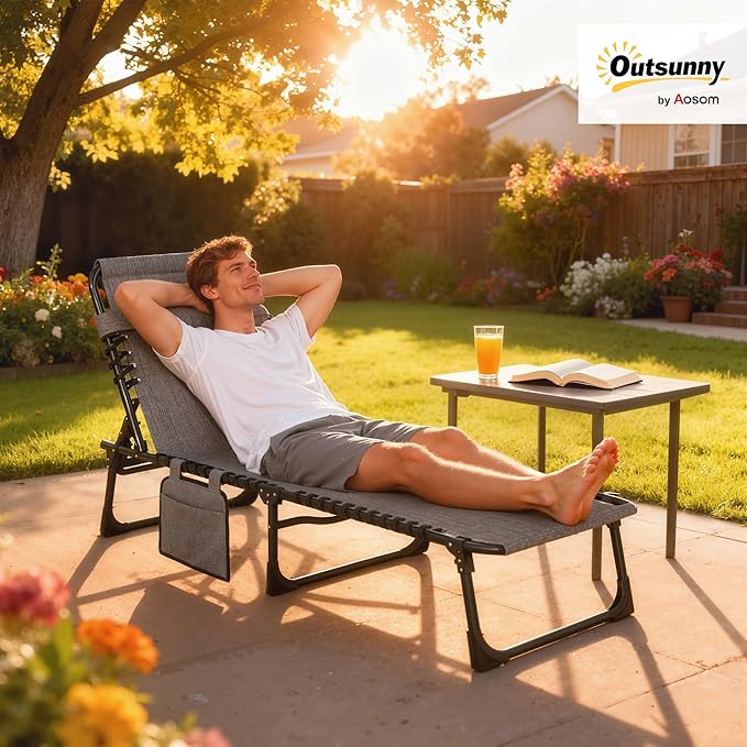 Outsunny Chaise Lounge Chair Outdoor, 5-Position Adjustable Sun Tanning Chair with Carrying Handle and Side Pocket, Folding Bed Cot with Removable Pillow for Garden, Beach, Patio, Pool, Camp, Gray Outsunny