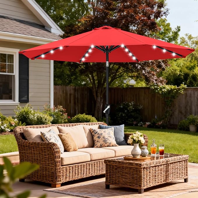 ABCCANOPY Durable Solar Led Patio Umbrellas with 32LED Lights 11FT（Red） ABCCANOPY