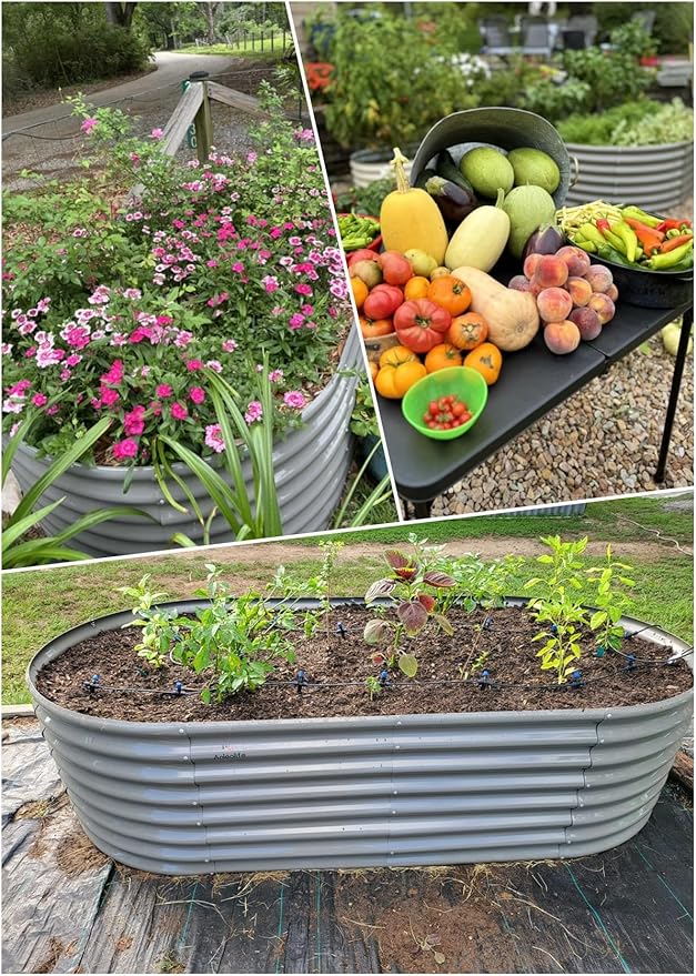 A ANLEOLIFE 2-Set 8X4X2 ft Galvanized Raised Garden Bed Kit, Oval Metal Deep Root Planters for Outdoor Plants, Quartz Grey AAnleolife