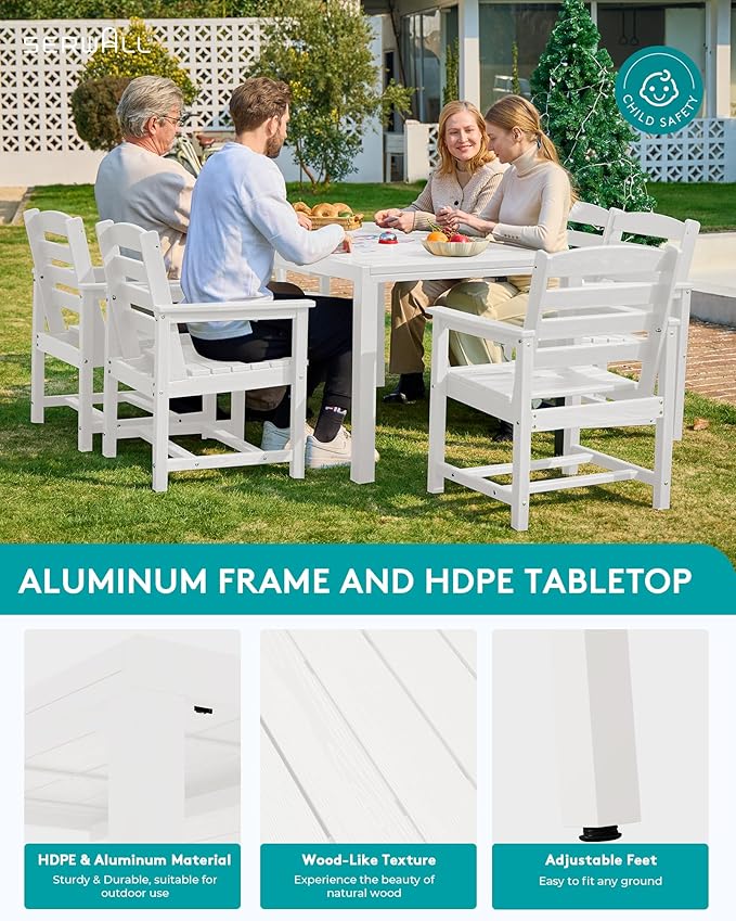 SERWALL 9-Piece Outdoor Dining Set, 60" - 83" Expandable Outdoor Dining Table and 8 HDPE Chairs, All Weather HDPE Outdoor Furniture Set for Backyard, Garden, White SERWALL