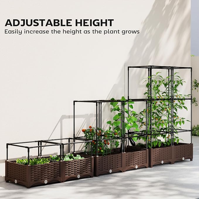 Outsunny Raised Garden Bed with Trellis, 46.5" Tomato Cage with Crop Cage, Self Watering Planter Box with Drainage Holes and Plugs for Outdoor Patio Climbing Plants, Vines, Vegetables, Flowers, White Outsunny