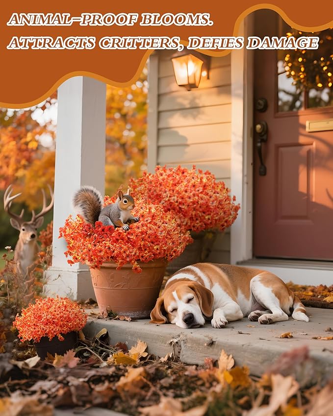 Artificial Fall Flowers Faux Mums for Outdoor Planters,Orange Red 16 Bundles Silk Fake Plants UV Resistant for Outside,Autumn Decorations for Porch,Pot,Window Boxes,Front Yard,Thanksgiving Home Decor JAKY-Global