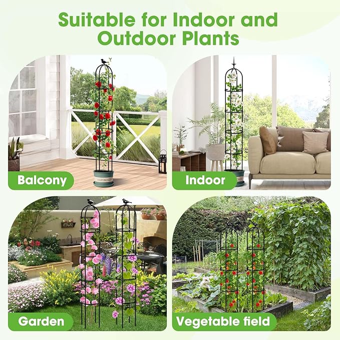 2026 Updated Garden Obelisk Trellis for Climbing Plants Outdoor, 6.3 FT Tomato Cage, Rose, Flowers, Grape, Pea, Cucumber Trellis, Rustproof Plastic Coated Metal Plant Support Trellis for Potted Plants MYMULIKEHOME