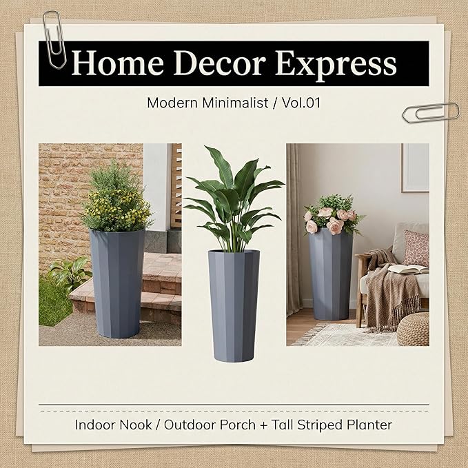 23.6" H Tall Planters for Outdoor Plants, 2 Pack Large Outdoor Planters for Porch Decor with Automatic Drainage Hole, Plastic Stripe Design Flower Pots Fits Indoor Plants Patio Garden, Black Outdoorchairs