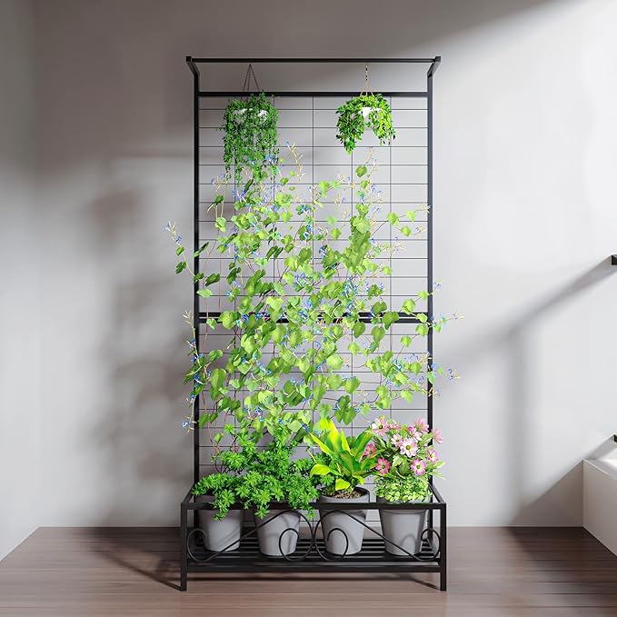 Zhongma Metal Planter with Trellis Raised Bed with Trellis for Vine Climbing Plants Flowers(12.8 x 35.43 x 74 in), 74 Inch Height Privacy Screen with Hanging Plant Pot Shelf Zhongma