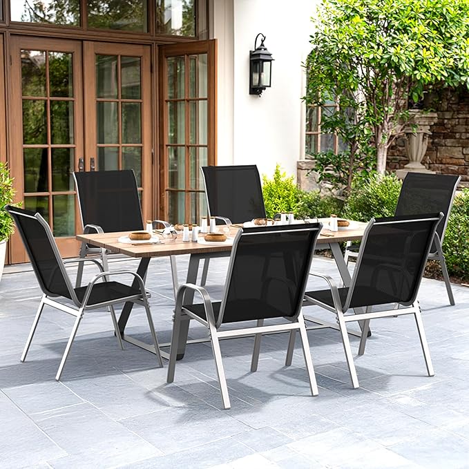 Patio Chairs Set of 6, Easily Set Up Stackable Outdoor Dining Chairs with High Back and Wide Seat, All Weather Breathable Outdoor Chairs Set of 6 with Metal Frame for Backyard Deck Pool, Black Dovov