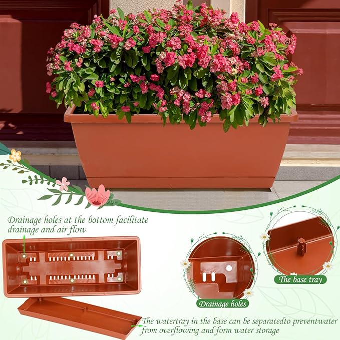 12Pcs 17Inches Rectangle Planter Box with Drainage Holes and Trays Plastic Planters Flower Boxes Pots for Indoor Outdoor Plants Patio Garden Home Decor Porch Yard (Black) Lysjtsr