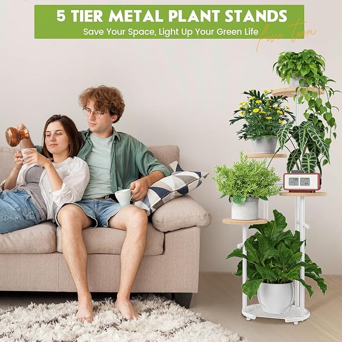 TOSKING 5 Tier Metal Plant Stand Indoor， Plant Shelf, Corner Shelf Flower Pot Stand for Outdoor Plant Stand for Living Room Balcony Garden Patio Bedroom (White and Wood, 42in) TOSKINGESSENCE