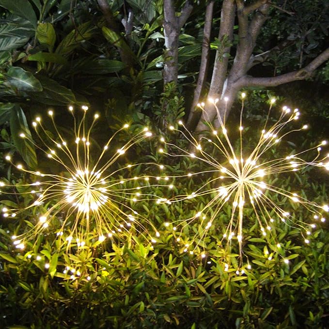 Solar Garden Firework Lights Outdoor Waterproof 2 Pack Solar Powered Art Stake Twinkle Lighting for Outside Decor, 120 LED Sparklers String Lights for Yard Party Decorations (Warm White) SolarEra-FREETOSHINE