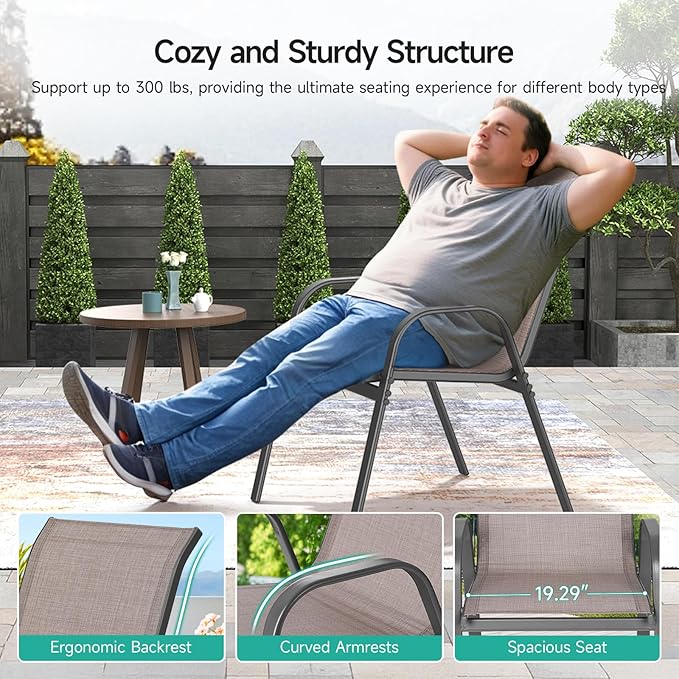 Patio Chairs Set of 6, Easily Set Up Stackable Outdoor Dining Chairs with High Back and Wide Seat, All Weather Breathable Outdoor Chairs Set of 6 with Metal Frame for Backyard Deck Pool, Brown Dovov