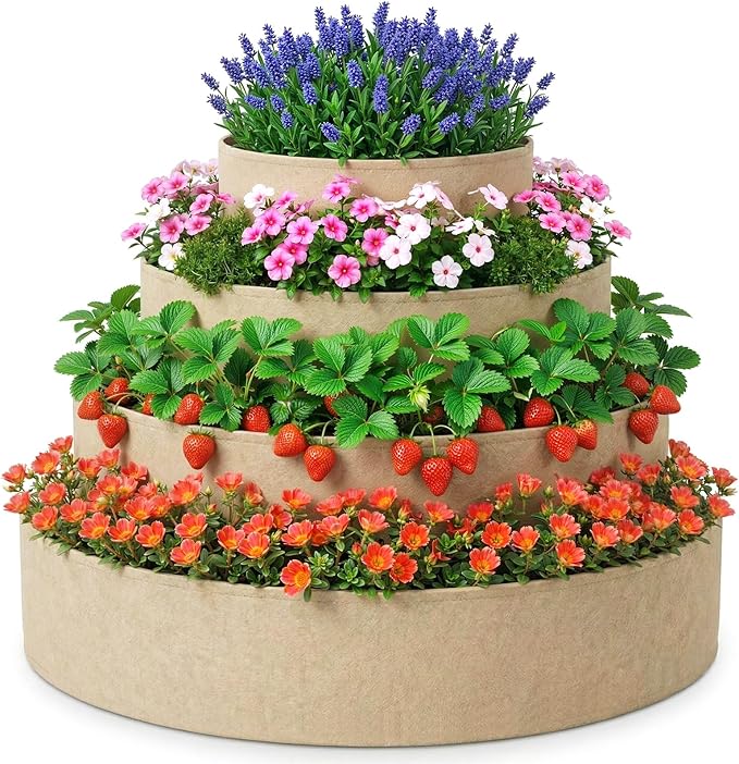 4 Pcs Plant Grow Bags 4 Tiered Strawberry Planter Tower Fabric Raised Garden Beds, 39 Inch Nonwoven Strawberry Pyramid Planter for Vegetables Flower Herbs Gardening Outdoor Growing (Khaki) Rootora