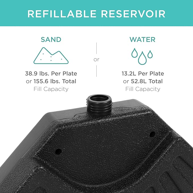 Best Choice Products 4-Piece 155lb Capacity Heavy-Duty Cantilever Offset Patio Umbrella Stand Square Base Plate Set w/Easy-Fill Spouts for Water or Sand - Black BestChoiceProducts