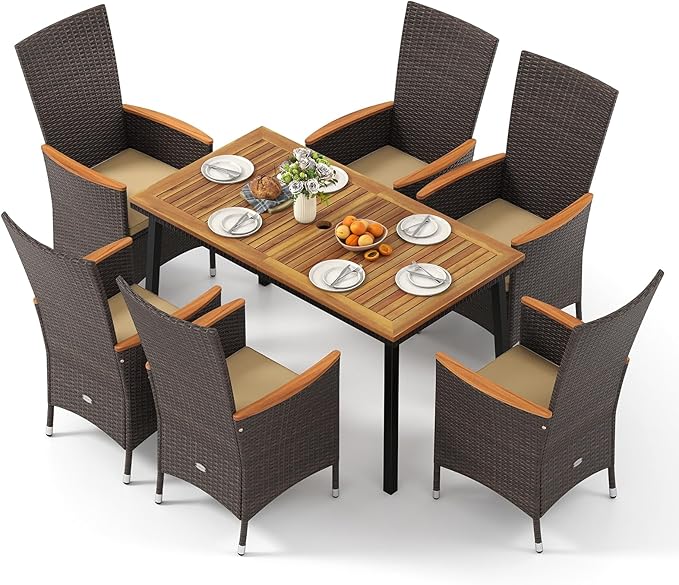 Tangkula 7 Pieces Rattan Outdoor Dining Set for 6, Outdoor Acacia Wood Table Set with 6 Cushioned Wicker Chairs, Umbrella Hole, Patio Dining Furniture Set for Deck Pool Backyard TANGKULA